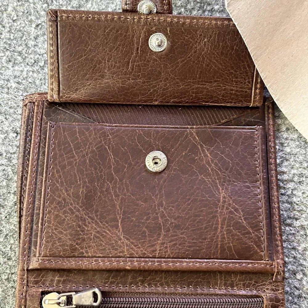 Leather Wallet Mens Brown Trifold Strap Zipper Coin Pocket Card Holder Turkey